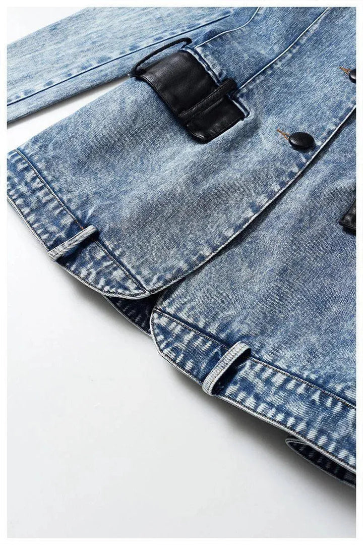 Drune | Streetwear Lederkragen Denim Blazer Frauen - Lässig - Einfarbig