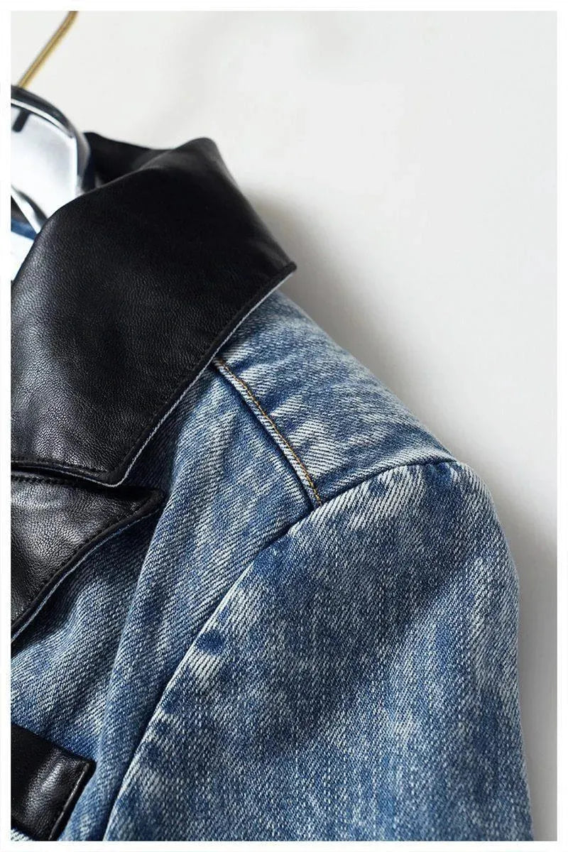 Drune | Streetwear Lederkragen Denim Blazer Frauen - Lässig - Einfarbig