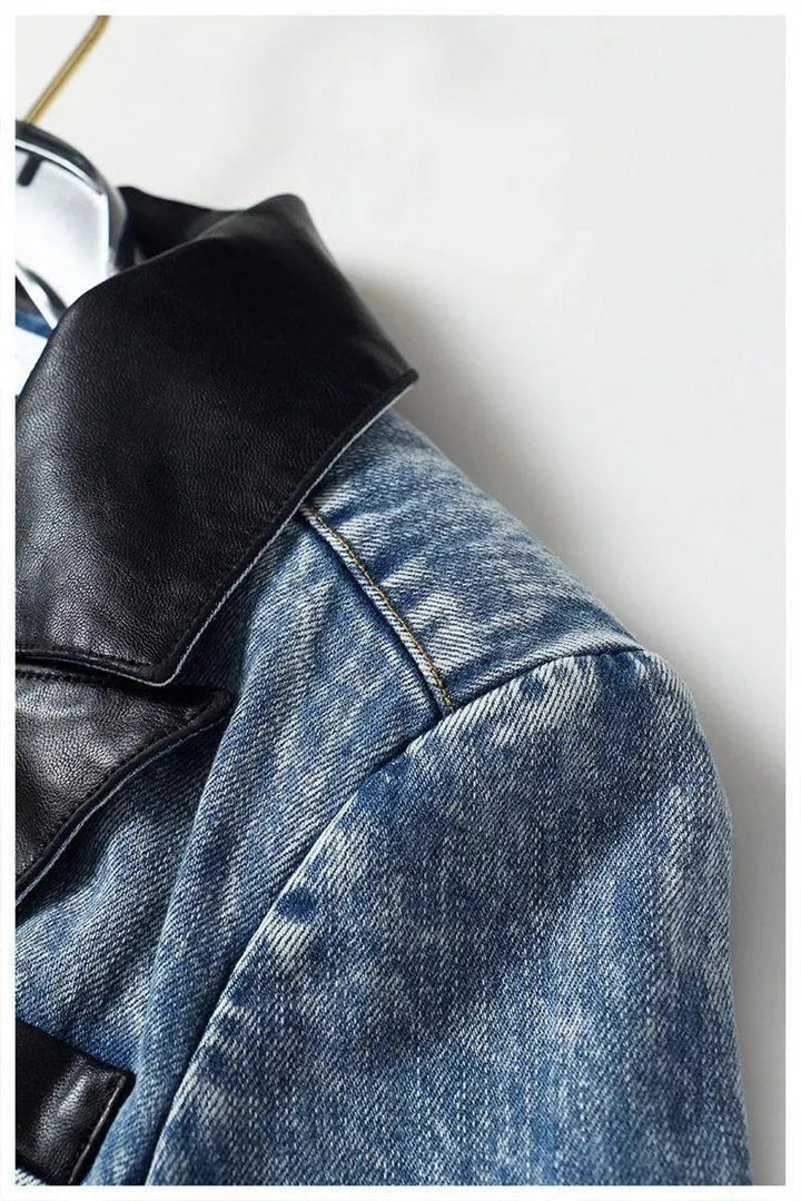 Drune | Streetwear Lederkragen Denim Blazer Frauen - Lässig - Einfarbig