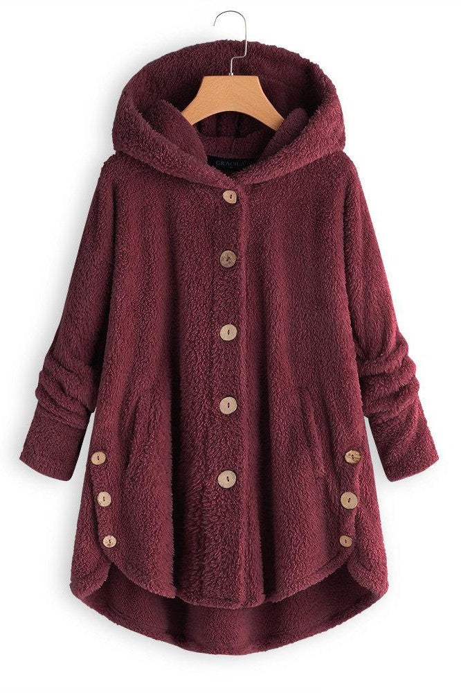Drune | Damen Kapuzenmantel – Oversized Passform – Plüschstruktur – Knopfleiste – Mittellang Casual