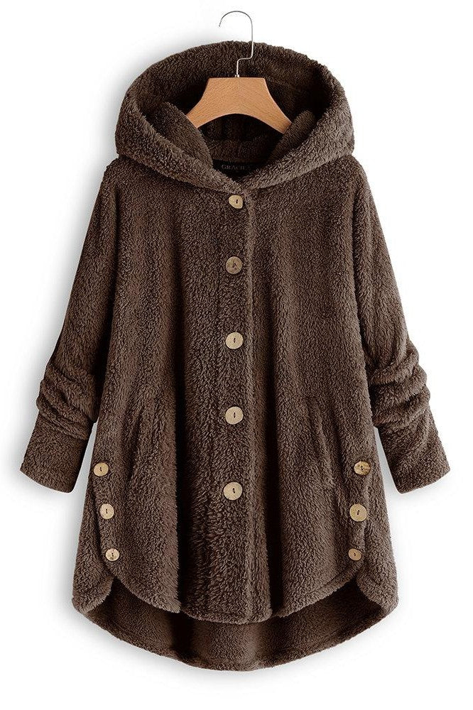 Drune | Damen Kapuzenmantel – Oversized Passform – Plüschstruktur – Knopfleiste – Mittellang Casual