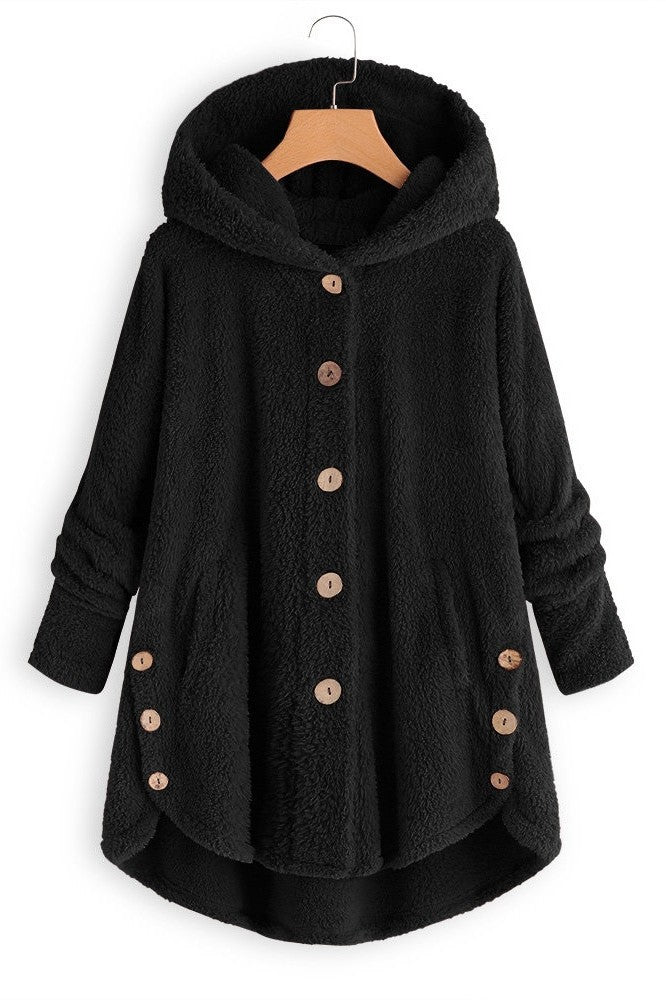 Drune | Damen Kapuzenmantel – Oversized Passform – Plüschstruktur – Knopfleiste – Mittellang Casual