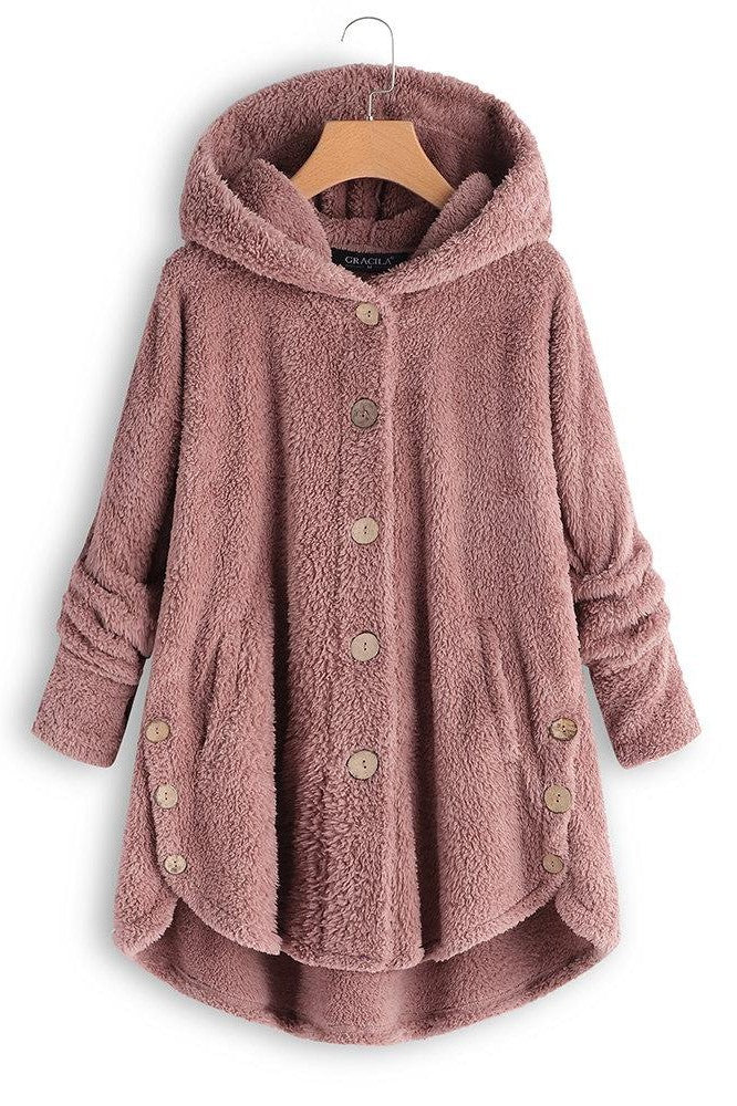 Drune | Damen Kapuzenmantel – Oversized Passform – Plüschstruktur – Knopfleiste – Mittellang Casual