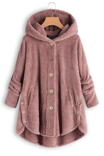 Drune | Damen Kapuzenmantel – Oversized Passform – Plüschstruktur – Knopfleiste – Mittellang Casual