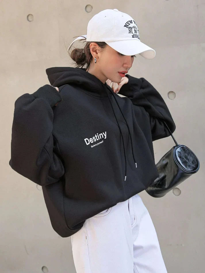 Drune | Schwarzer Damen Kapuzenpullover mit Kapuze und Druck