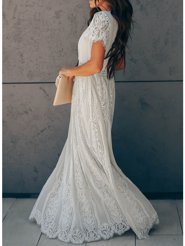 Drune | Kurzarm-Maxikleid Aus Spitze mit V-Ausschnitt