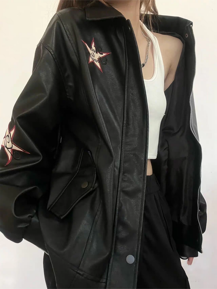 Drune | Lederjacke mit Reverskragen und Stickerei