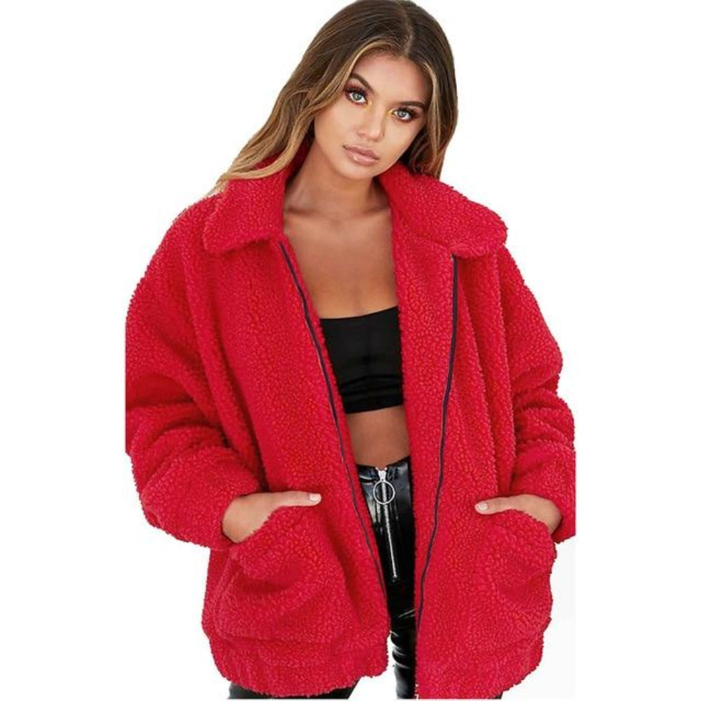 Drune | Damenmantel – Oversized Passform – Plüsch-Fleece – Reißverschluss vorne – Seitentaschen – Freizeitkleidung