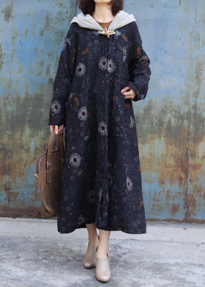 Drune | oversize Jacken & Mäntel Patchwork Kapuzenmantel schwarzer Druck dicker lässiger Outfit