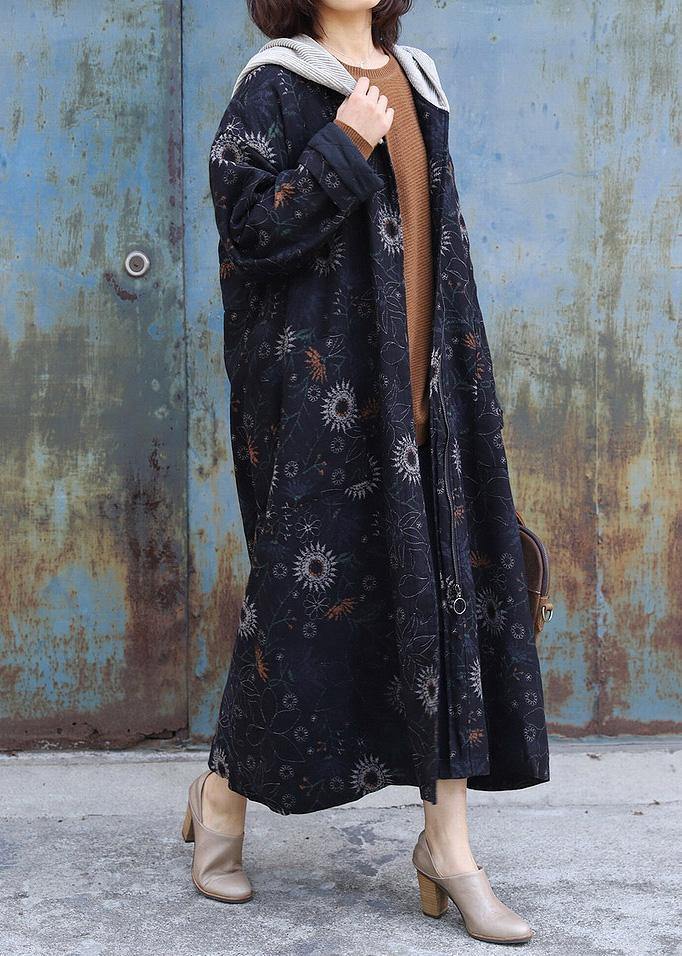 Drune | oversize Jacken & Mäntel Patchwork Kapuzenmantel schwarzer Druck dicker lässiger Outfit