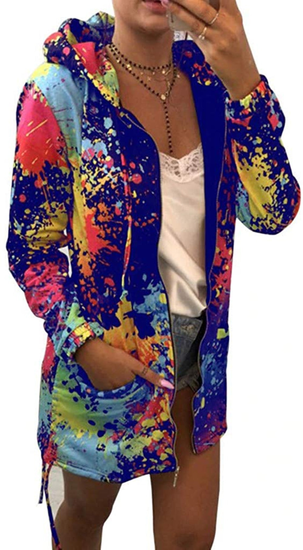 Drune | Dünne Mehrfarbige Kapuzenjacke Mit Reißverschluss Und Taschen Langjacke