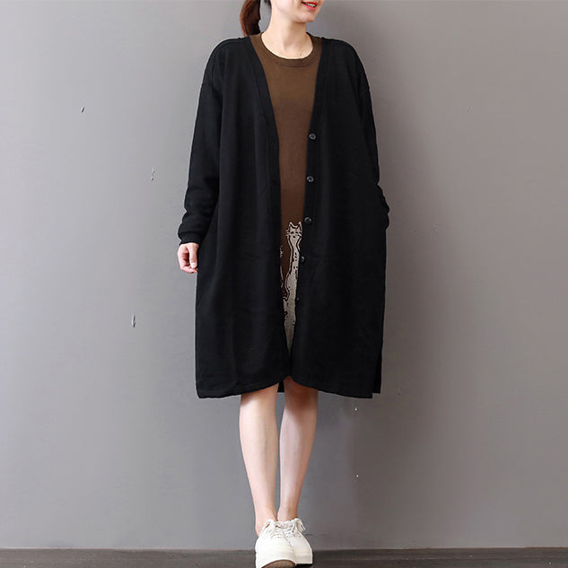 Drune | schwarze Mäntel Übergrößen Drucke Maxikleid Boutique V-Ausschnitt lange Cardigans