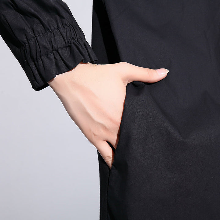Drune | schwarze Mäntel große Größen Stehkragen Taschen Patchwork baggy Mantel