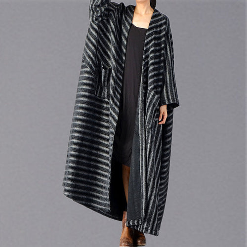 Drune | schwarzer gestreifter Maxicoat Plus Size Taschen langer Mantel Damen großer Saum Wintermäntel