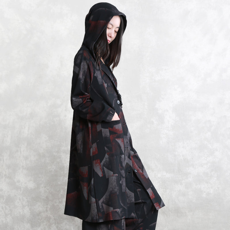Drune | Blumenkleid übergroß zwei Teile Kapuzen Taschenmantel Damen lange Ärmel lange Mäntel elastischer Taillenbund Hose