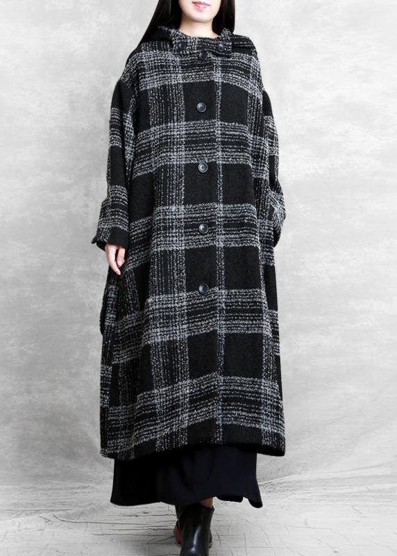 Drune | Plus-Size-Bekleidung Wintermantel Überbekleidung schwarzes Karomuster mit Kapuze Patchwork Wollmäntel
