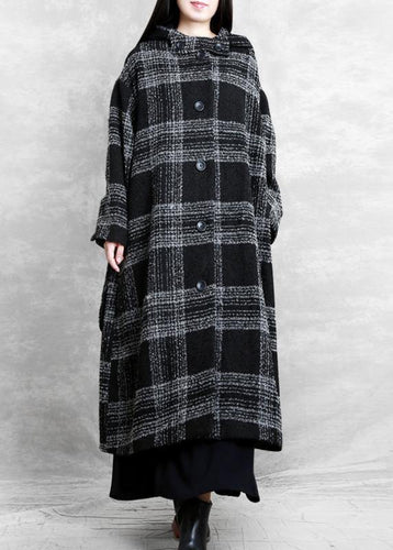 Drune | Plus-Size-Bekleidung Wintermantel Überbekleidung schwarzes Karomuster mit Kapuze Patchwork Wollmäntel