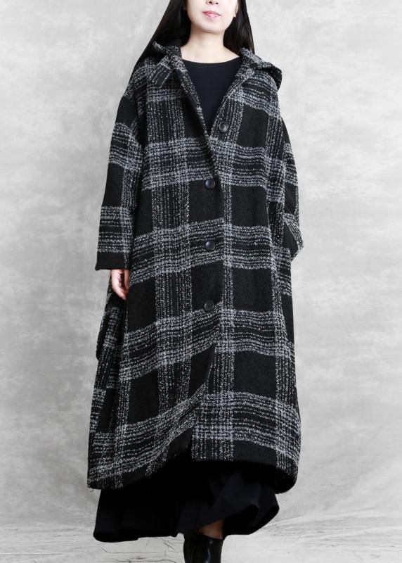 Drune | Plus-Size-Bekleidung Wintermantel Überbekleidung schwarzes Karomuster mit Kapuze Patchwork Wollmäntel