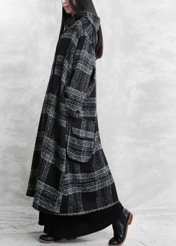 Drune | Plus-Size-Bekleidung Wintermantel Überbekleidung schwarzes Karomuster mit Kapuze Patchwork Wollmäntel