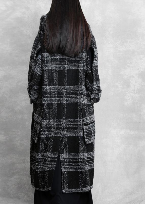 Drune | Plus-Size-Bekleidung Wintermantel Überbekleidung schwarzes Karomuster mit Kapuze Patchwork Wollmäntel