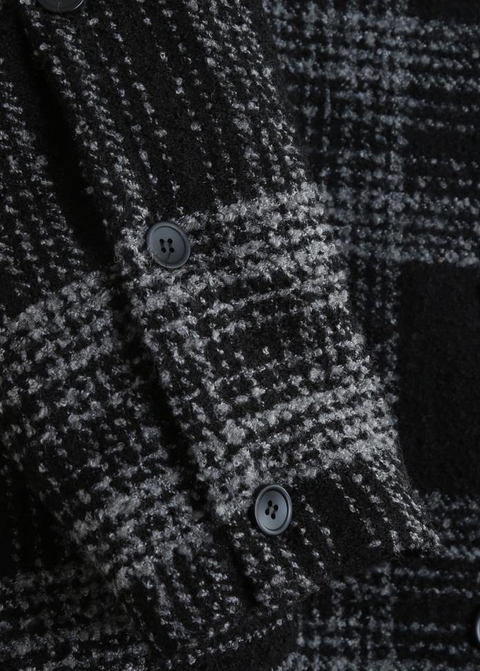 Drune | Plus-Size-Bekleidung Wintermantel Überbekleidung schwarzes Karomuster mit Kapuze Patchwork Wollmäntel