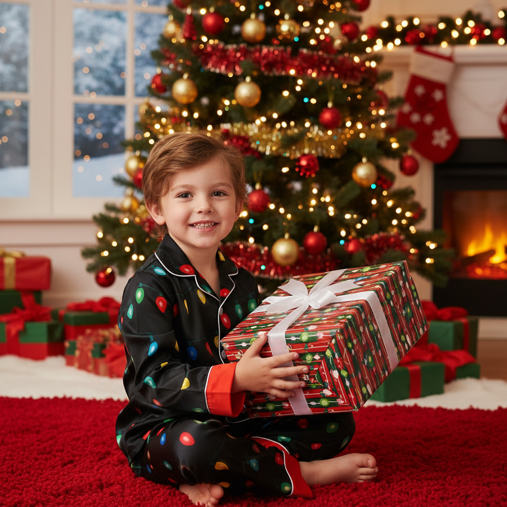 Drune | Urlaub Familie Knopfverschluss Satin Weihnachten Schlafanzug Set