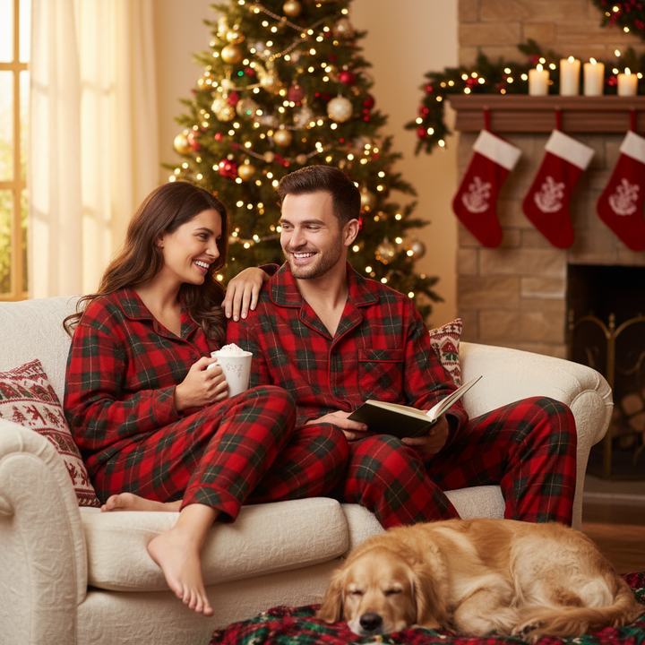 Drune | Weihnachts-Paar passende rote und grüne karierte Langarm-Pyjama-Sets