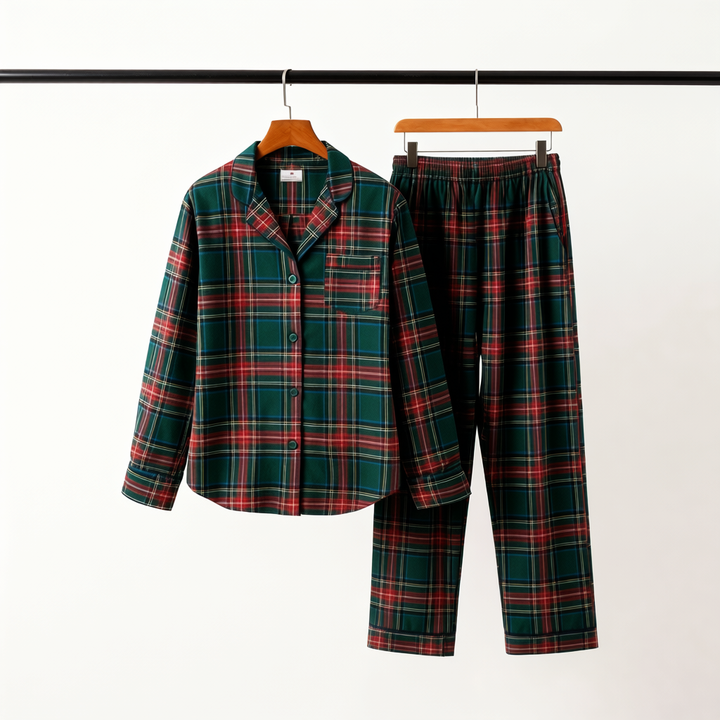Drune | Paar Grün Rot Kariert Knopf-Front Schlafanzug Sets