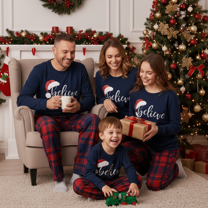 Drune | Weihnachten "Believe" Buchstaben Drucken Blau Langarmoberteil mit Rot- und Blau-Karierten Weihnachtsfamilien-Matching Pyjamas