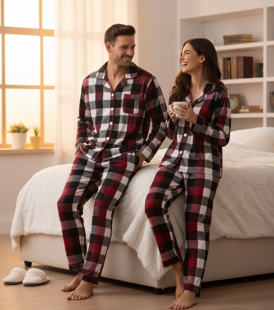 Drune | Familie Weihnachten Rot und Weiß Karos Knopfleiste Pyjama Sets