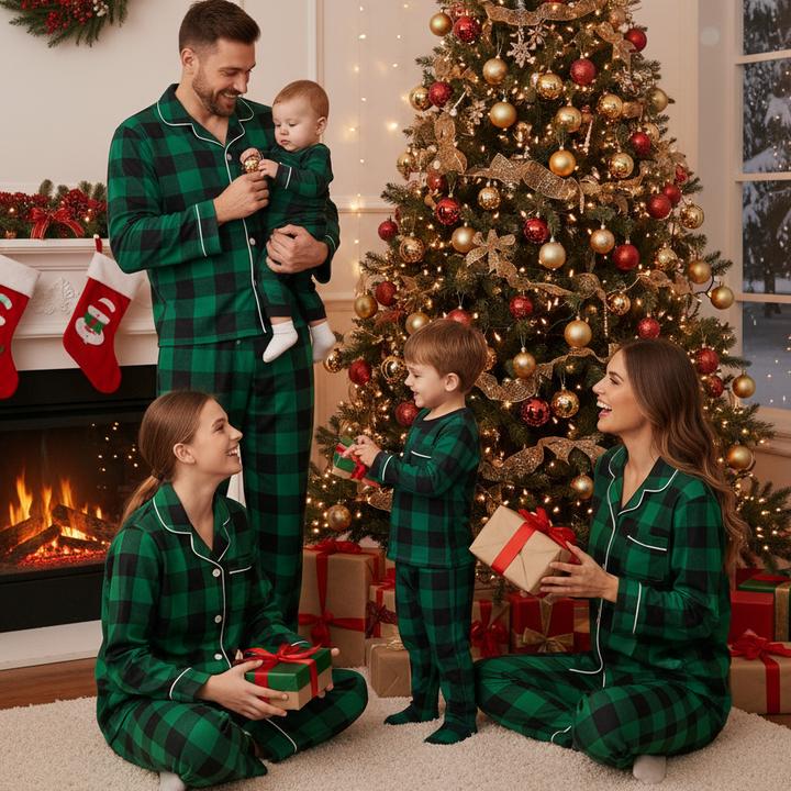 Drune | Weihnachten Familie Passende Grüne Karierte Knopf-Down Lange Ärmel Pyjama Sets
