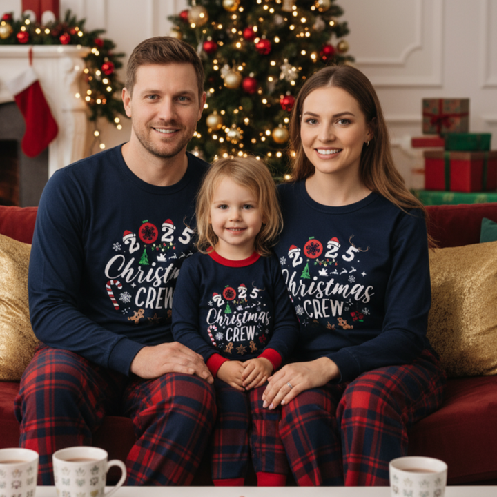 Drune | "2025 Weihnachtsmann Crew" Text und Santa Hat Drucke Blau Langarm Top mit Rot- und Blaukarierten Hosen Weihnachts Matching Pyjamas