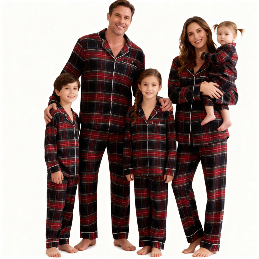 Drune | Weihnachtsrot Plaid Knopf-Front Familien Pyjama Sets