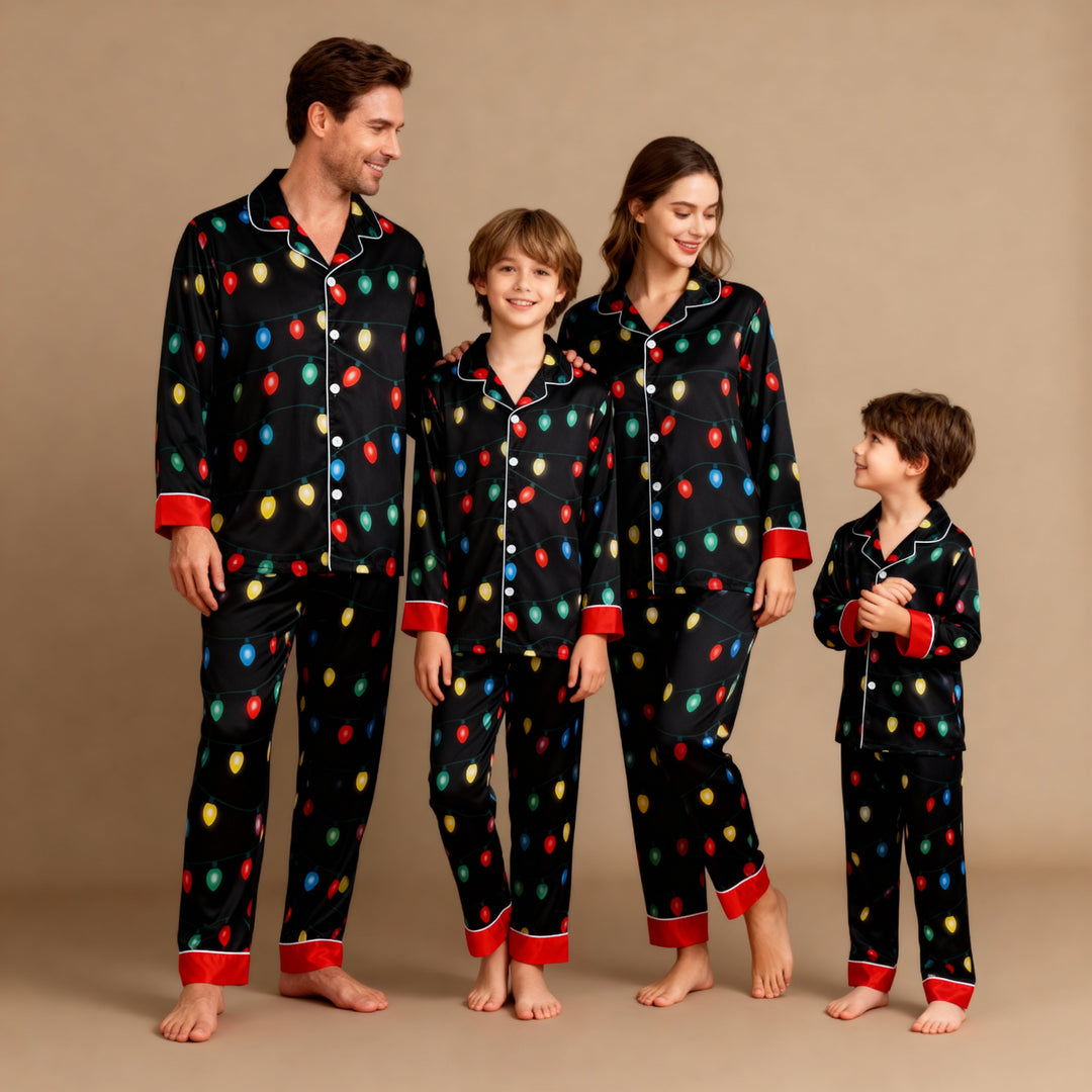Drune | Urlaub Familie Knopfverschluss Satin Weihnachten Schlafanzug Set