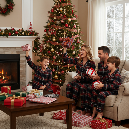 Drune | Weihnachtsrot Plaid Knopf-Front Familien Pyjama Sets