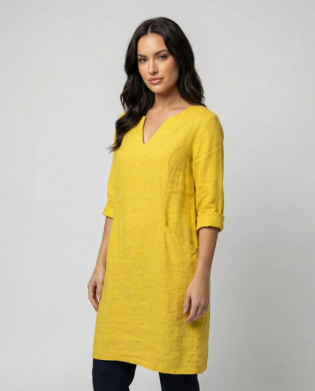 Damen Leinenkleid mit lockerer Passform und elegantem V-Ausschnitt Drune