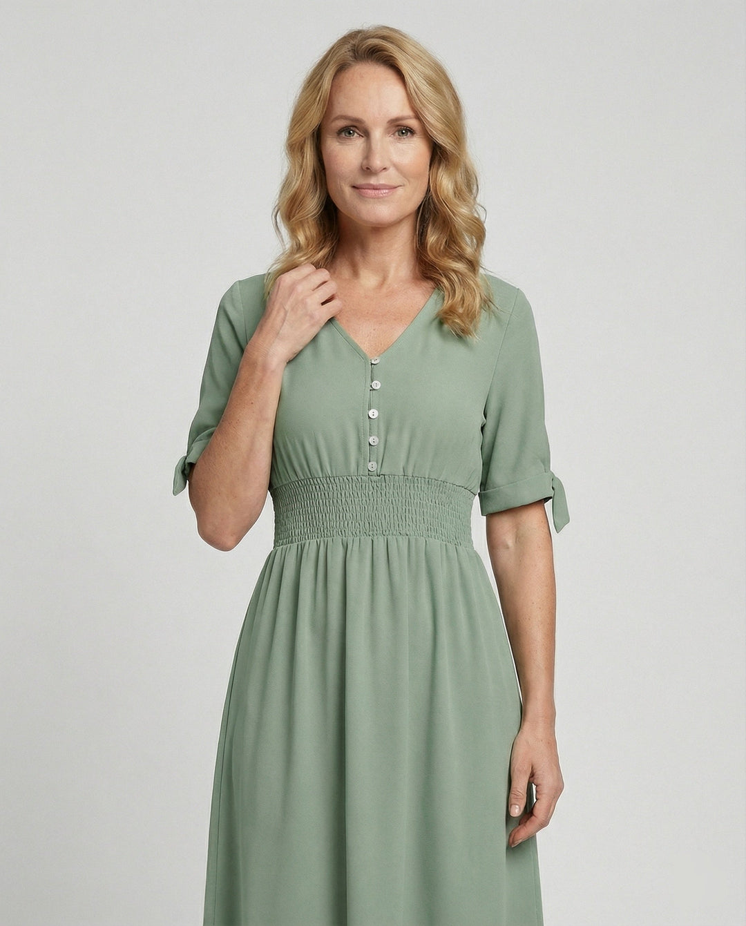 Damen Midikleid V-Ausschnitt mit Knopfleiste