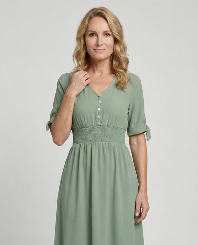 Damen Midikleid V-Ausschnitt mit Knopfleiste