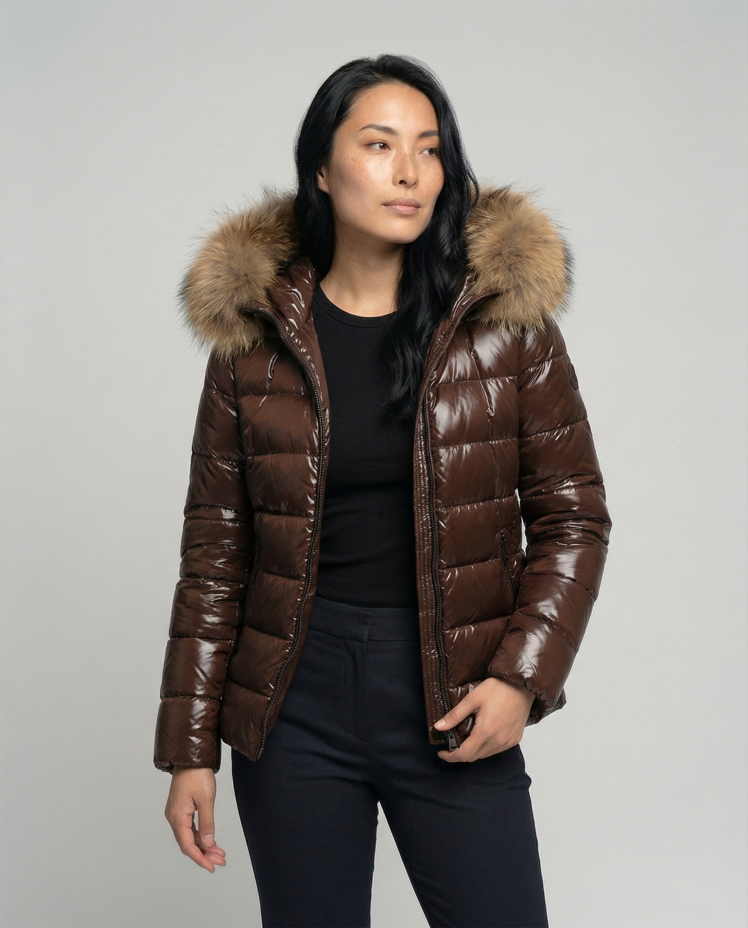 Damen Winterdaunenjacke mit abnehmbarer Kapuze und luxuriösem Fellkragen Drune