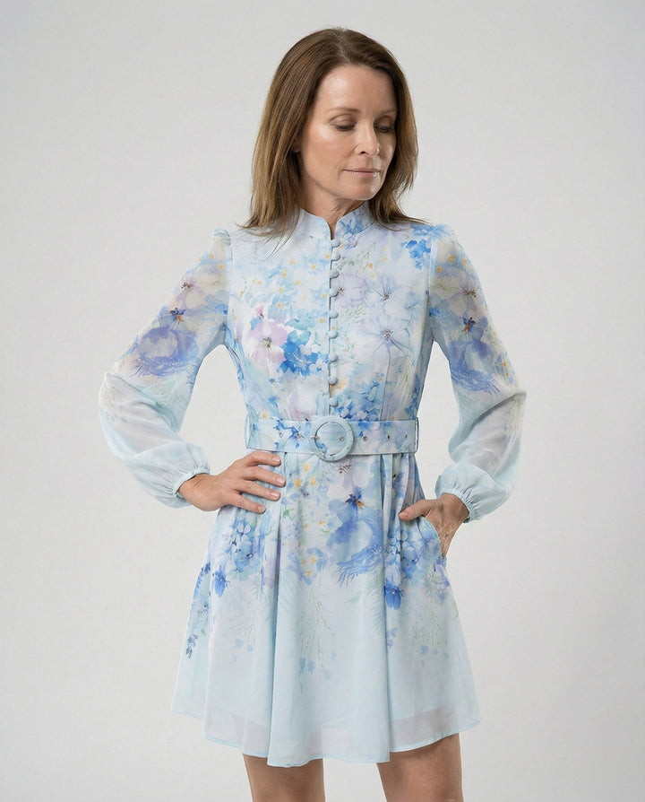 Kurzkleid Mit Stehkragen Und Gürtel Damen