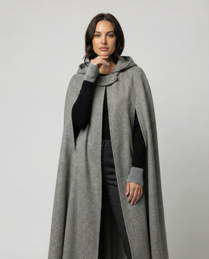 Damen modern geschnittener Umhang mit Kapuze Drune