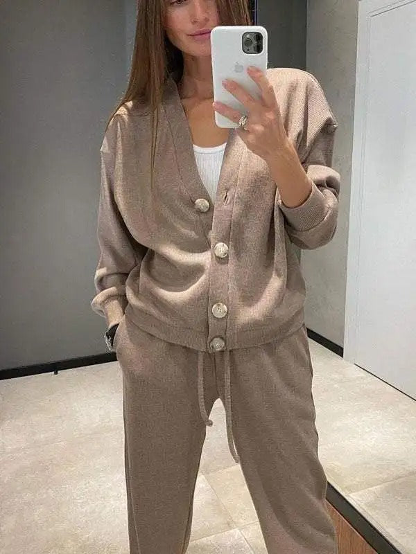 Drune | Damen Zweiteiliges Gestricktes Jacke und Hose mit Knöpfen