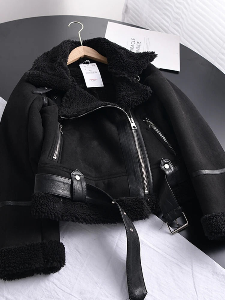 Drune | Damen Lederjacke Mit Shearling Futter Asymmetrischer Reißverschluss Gürtel