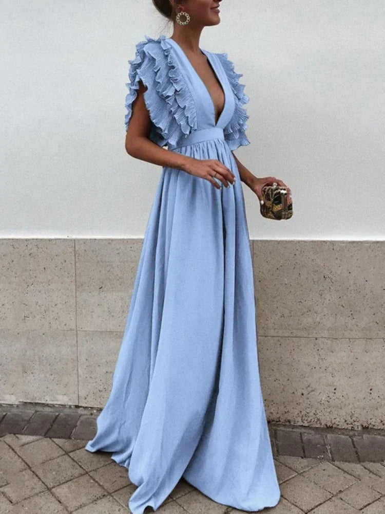 Drune - Elegantes V-Ausschnitt-Kleid mit Rüschärmeln