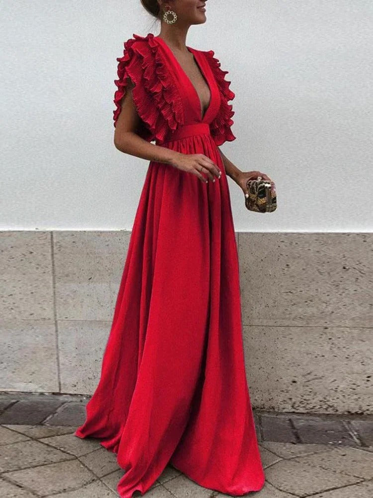 Drune - Elegantes V-Ausschnitt-Kleid mit Rüschärmeln