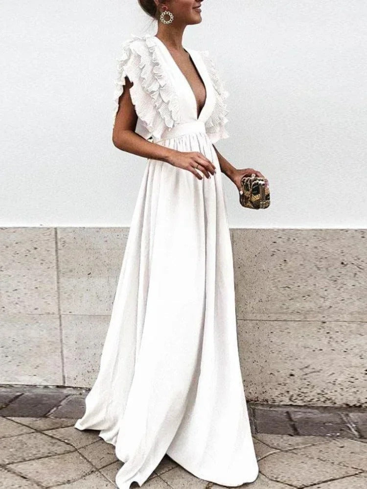 Drune - Elegantes V-Ausschnitt-Kleid mit Rüschärmeln