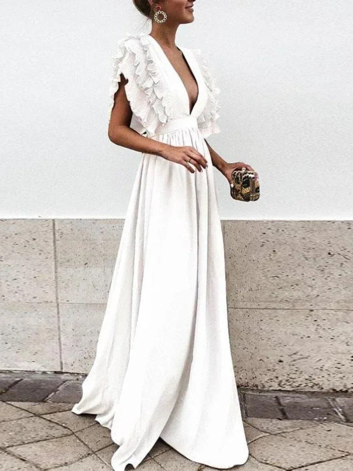 Drune - Elegantes V-Ausschnitt-Kleid mit Rüschärmeln