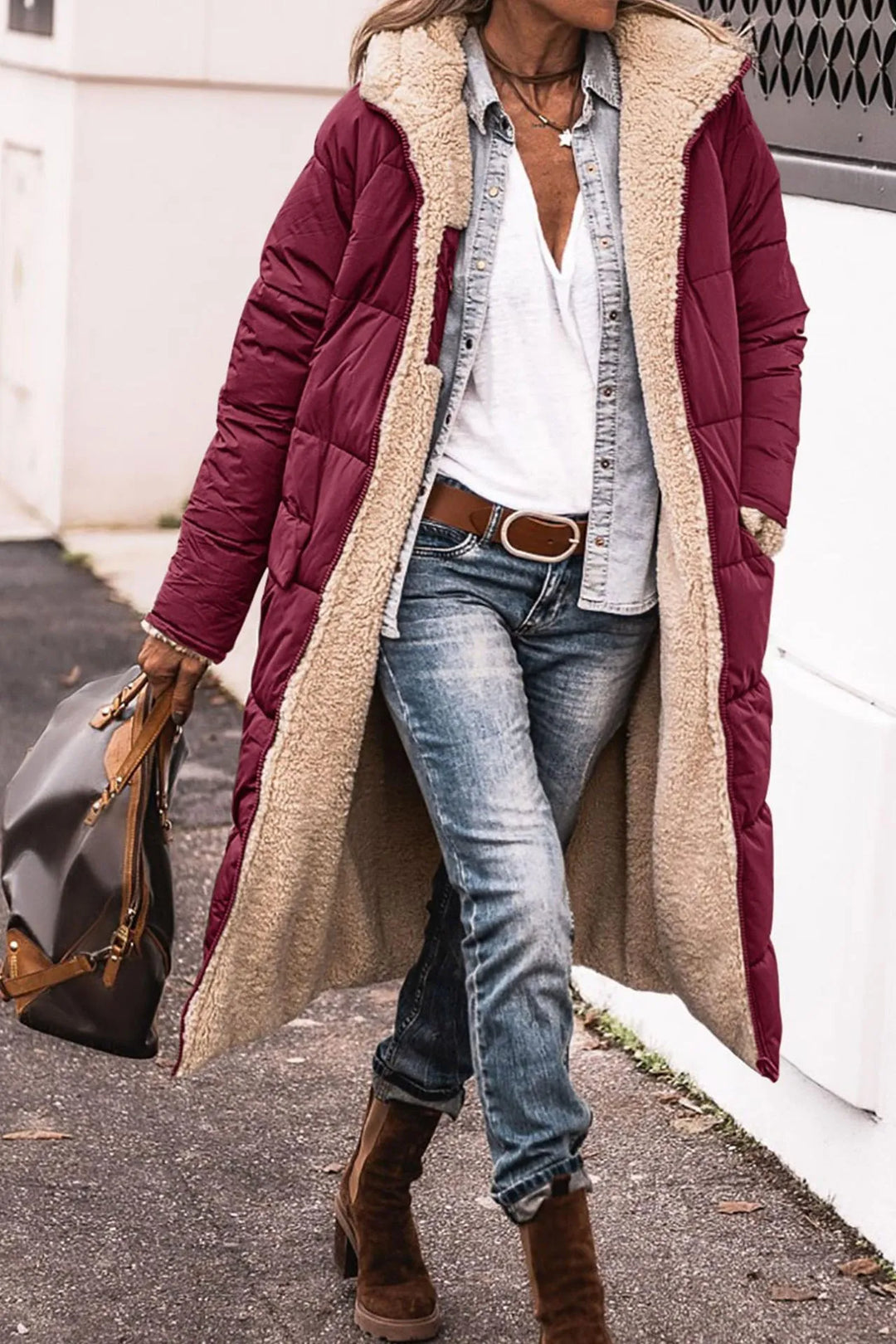 Drune | Lange Pufferjacke mit Pelzfutter Polyester Warm und Trendy