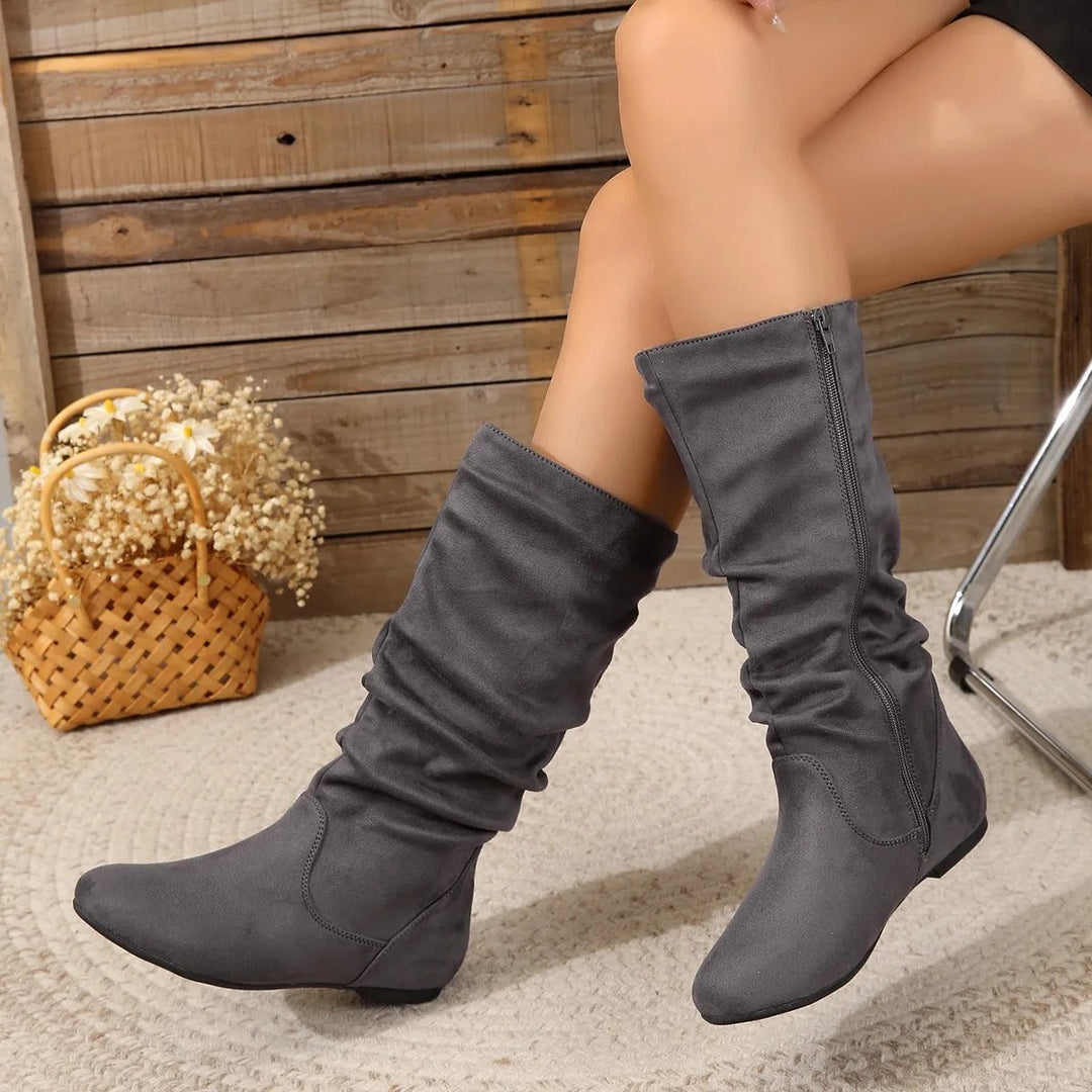 Drune | Damen Stiefel Aus Wildleder Mit Seitlichem Reißverschluss, Wadenlang, Frühlingskollektion