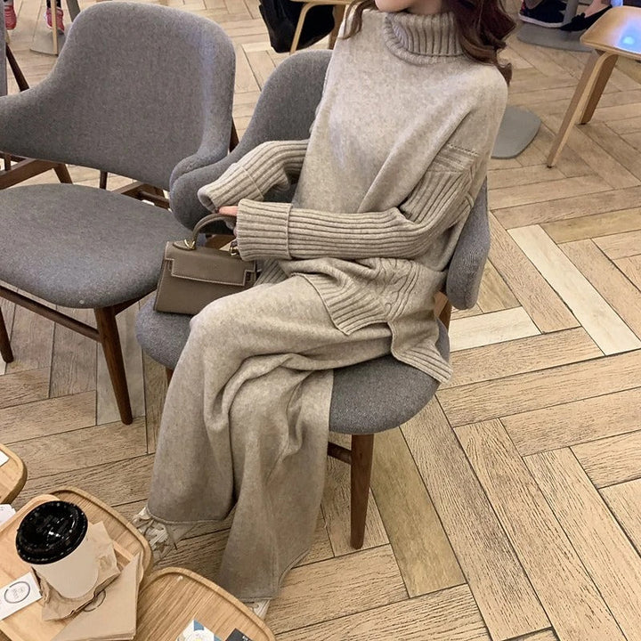 Drune Hausanzug | Luxuriöser, warmer Rollkragenpullover mit passender, übergroßer Wollhose